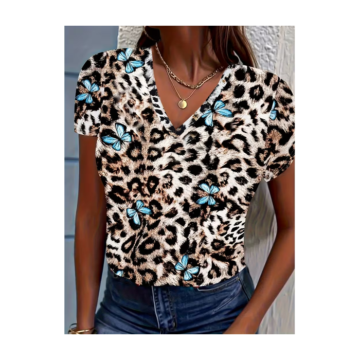 Women Floral Short Sleeve Tee T-shirt V Neck Printing Vintage Summer Top