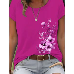 Women Floral Short Sleeve Tee T-shirt Crew Neck Printing Casual Graphic Tee Summer Top