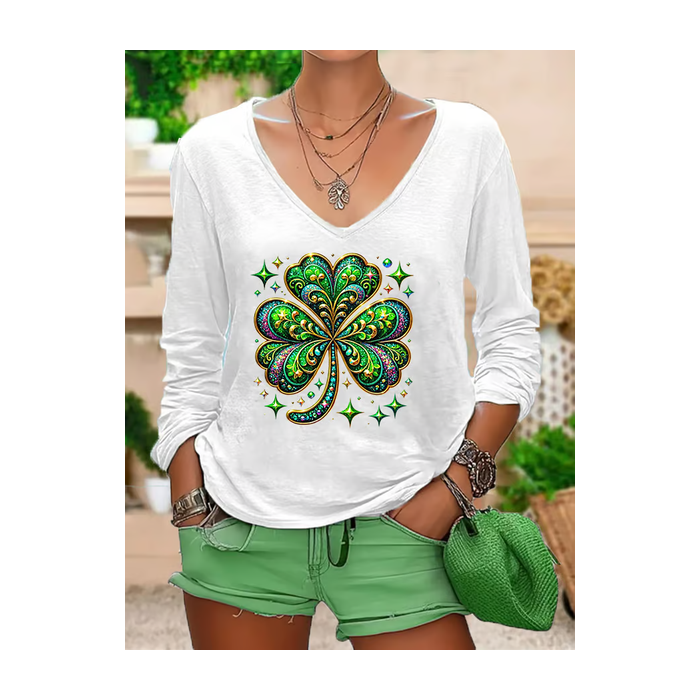 Women's Long Sleeve Tee T-shirt Spring/Fall Shamrock St Patrick's Day Floral V Neck Casual Graphic Tee Top