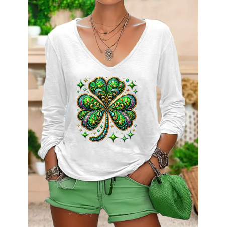 Women's Long Sleeve Tee T-shirt Spring/Fall Shamrock St Patrick's Day Floral V Neck Casual Graphic Tee Top