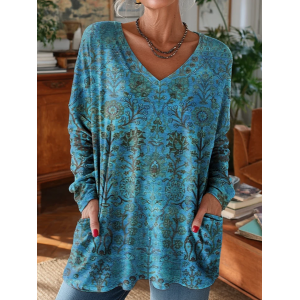 Women's Long Sleeve T-shirt Spring/Fall Blue Floral Printing V Neck Daily Going Out Vintage Top