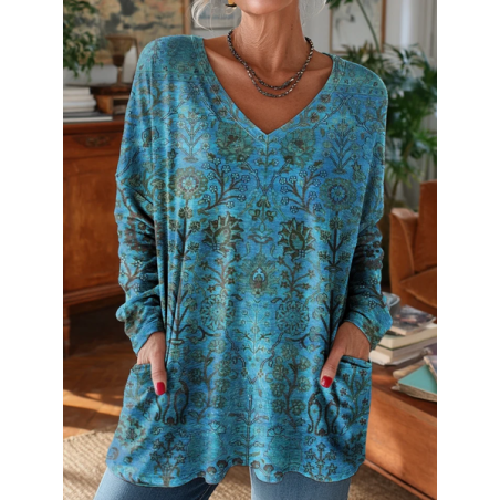Women's Long Sleeve T-shirt Spring/Fall Blue Floral Printing V Neck Daily Going Out Vintage Top