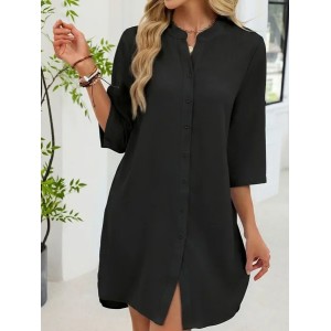 Women Plain Half Sleeve V Neck Split Joint Dress Daily Casual Midi Shirt Dress A-Line Summer Dress