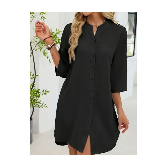 Women Plain Half Sleeve V Neck Split Joint Dress Daily Casual Midi Shirt Dress A-Line Summer Dress