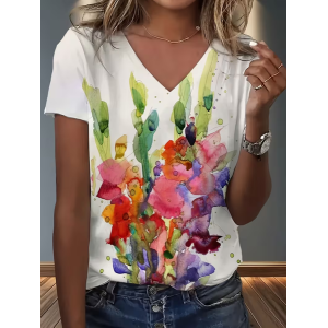 Women Abstract Short Sleeve Tee T-shirt V Neck Printing Vintage Summer Top