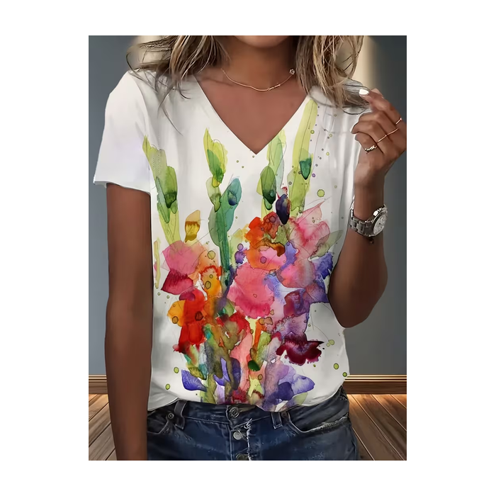 Women Abstract Short Sleeve Tee T-shirt V Neck Printing Vintage Summer Top