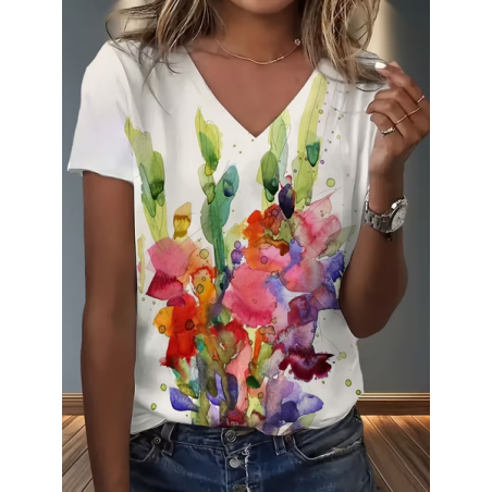 Women Abstract Short Sleeve Tee T-shirt V Neck Printing Vintage Summer Top