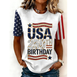 Women USA/US/American Short Sleeve Tee T-shirt Crew Neck Casual Summer Top