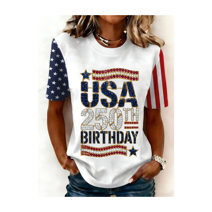 Women USA/US/American Short Sleeve Tee T-shirt Crew Neck Casual Summer Top