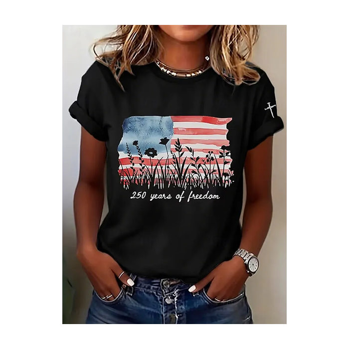 Women Independence Day (Flag) Short Sleeve Tee T-shirt Crew Neck Printing Casual Graphic Tee Summer Top