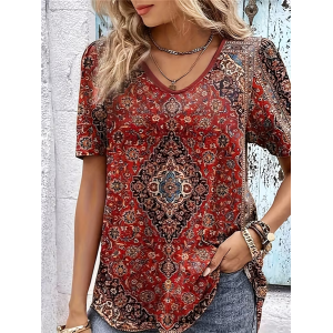 Women Ethnic Short Sleeve Tee T-shirt V Neck Printing Vintage Summer Top