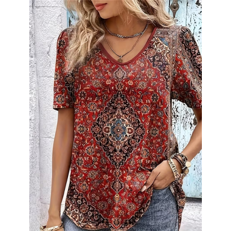 Women Ethnic Short Sleeve Tee T-shirt V Neck Printing Vintage Summer Top