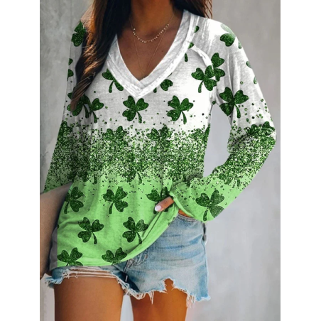 Women's Long Sleeve Blouse Spring/Fall Shamrock St. Patrick's Day Floral V Neck Daily Going Out Casual Top