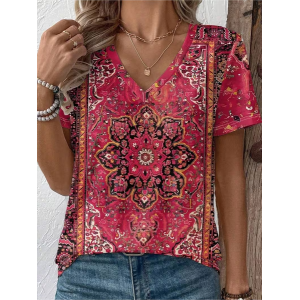Women Ethnic Short Sleeve Tee T-shirt V Neck Printing Vintage Summer Top