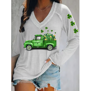 Women's Car Long Sleeve Blouse_ Spring/Fall Printing V Neck Daily Casual Top