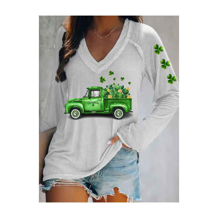 Women's Car Long Sleeve Blouse_ Spring/Fall Printing V Neck Daily Casual Top