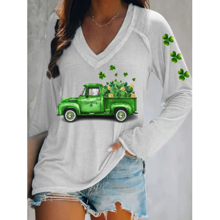 Women's Car Long Sleeve Blouse_ Spring/Fall Printing V Neck Daily Casual Top