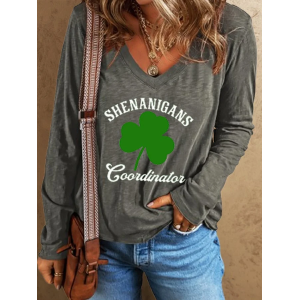 Women's Shamrock Text Letters Long Sleeve Tee T-shirt V Neck Printing Casual Spring/Fall Top