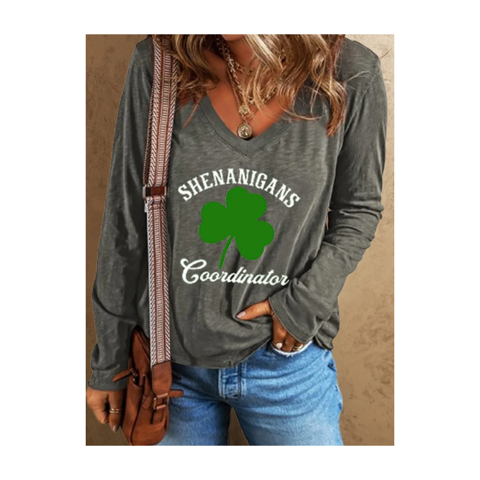 Women's Shamrock Text Letters Long Sleeve Tee T-shirt V Neck Printing Casual Spring/Fall Top