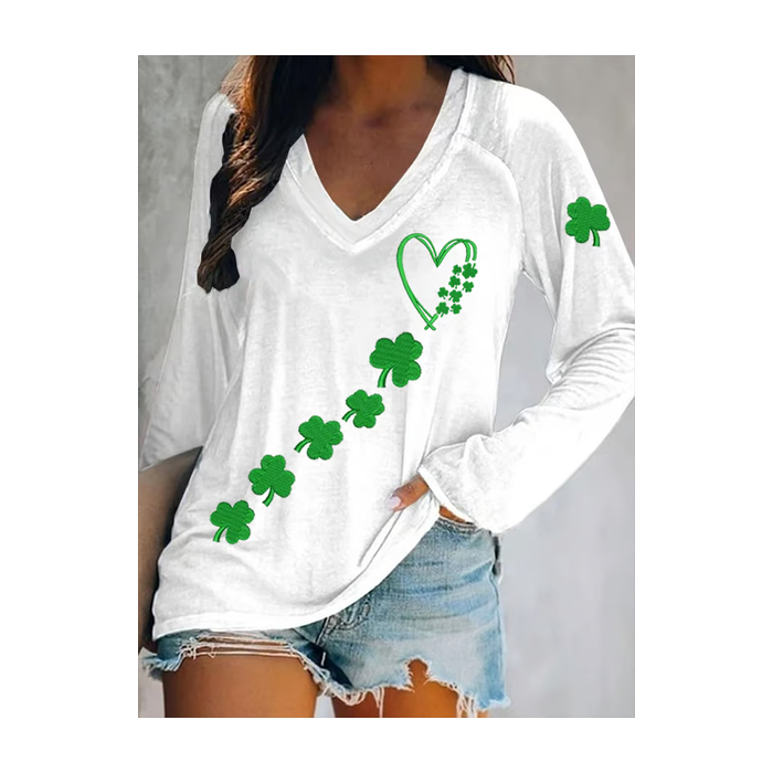 Women's Shamrock Long Sleeve Blouse Spring/Fall Printing V Neck Daily Casual Top