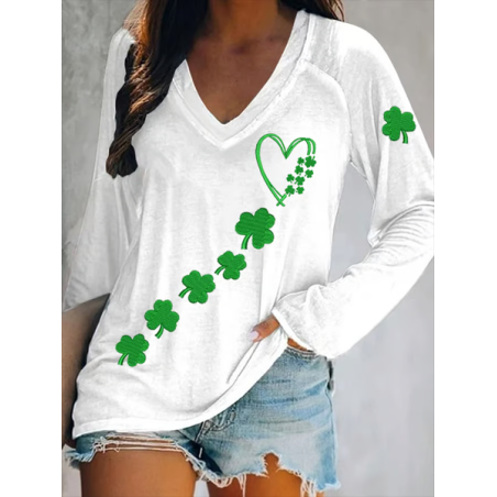 Women's Shamrock Long Sleeve Blouse Spring/Fall Printing V Neck Daily Casual Top