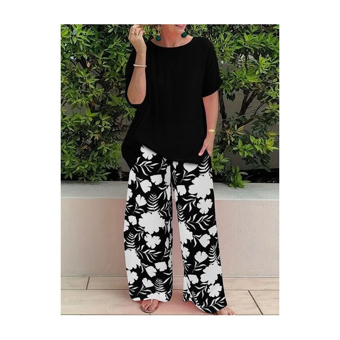 Women Floral Printing Two-Piece Set Daily Half Sleeve Casual Summer Top With Pants Matching Set
