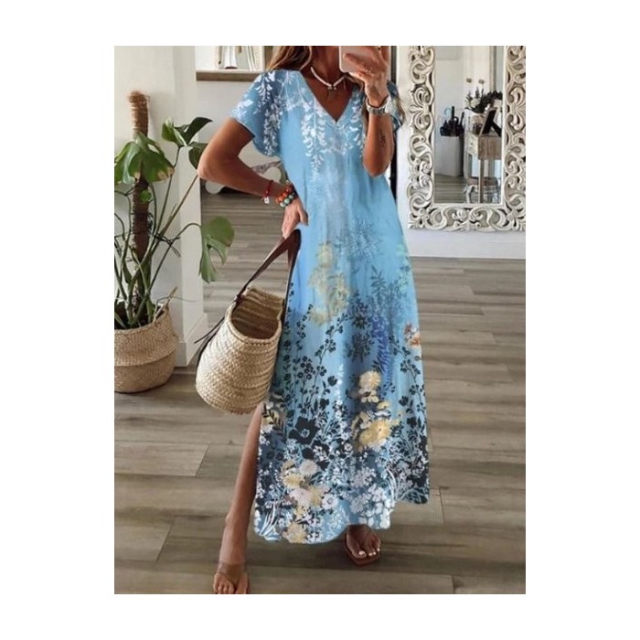 Women Floral Short Sleeve V Neck Dress Daily Casual Maxi X-Line Summer Dress