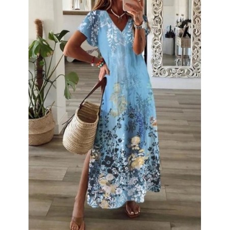 Women Floral Short Sleeve V Neck Dress Daily Casual Maxi X-Line Summer Dress