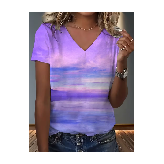 Women Abstract Short Sleeve Tee T-shirt V Neck Printing Vintage Summer Top
