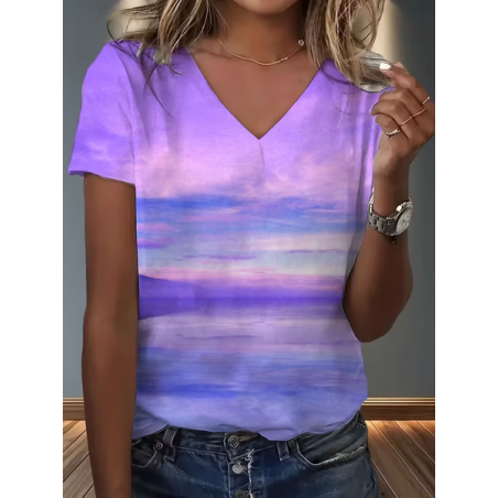 Women Abstract Short Sleeve Tee T-shirt V Neck Printing Vintage Summer Top