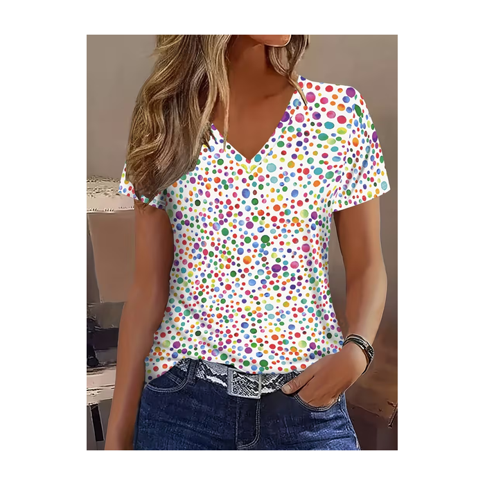 Women Abstract Short Sleeve Tee T-shirt V Neck Printing Vintage Summer Top