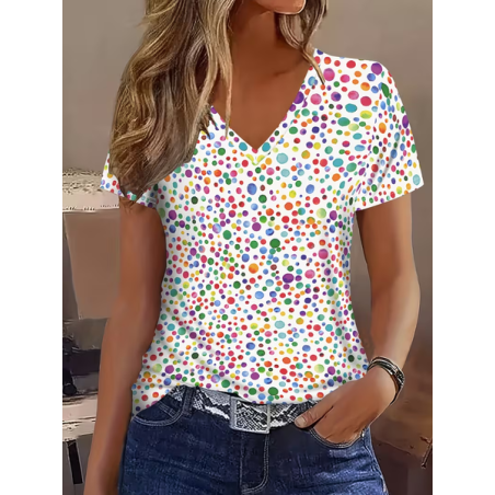 Women Abstract Short Sleeve Tee T-shirt V Neck Printing Vintage Summer Top
