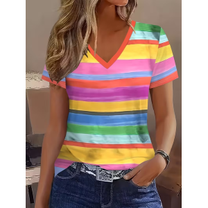 Women Striped Short Sleeve Tee T-shirt V Neck Printing Vintage Summer Top