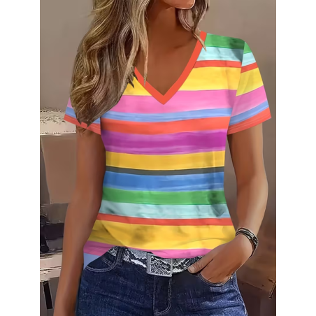 Women Striped Short Sleeve Tee T-shirt V Neck Printing Vintage Summer Top