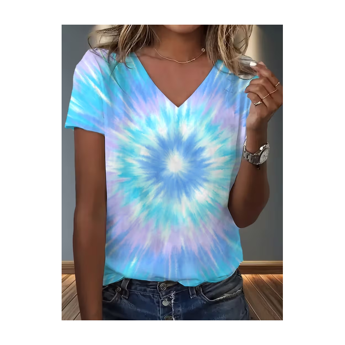 Women Abstract Short Sleeve Tee T-shirt V Neck Printing Vintage Summer Top
