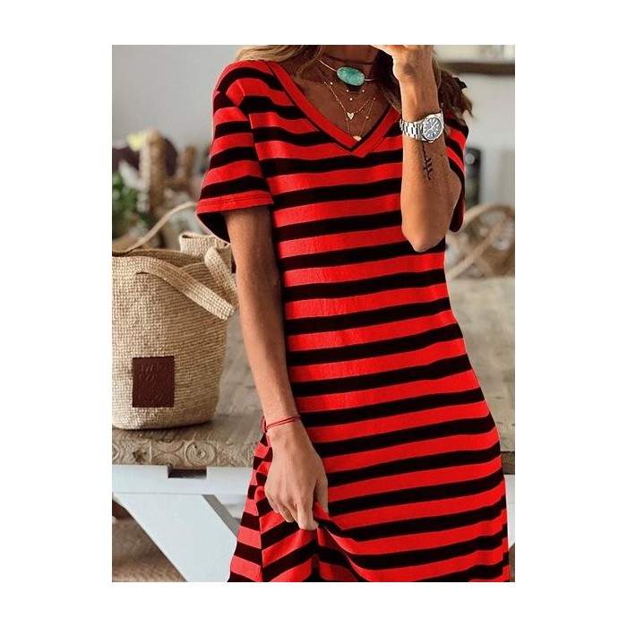 Women Striped Short Sleeve V Neck Printing Dress Daily Casual Maxi T-Shirt Dress A-Line Summer Dress