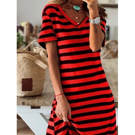 Women Striped Short Sleeve V Neck Printing Dress Daily Casual Maxi T-Shirt Dress A-Line Summer Dress