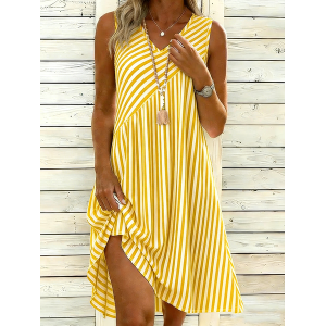 Women Striped Sleeveless V Neck Dress Daily Casual Midi Tank A-Line Summer Dress