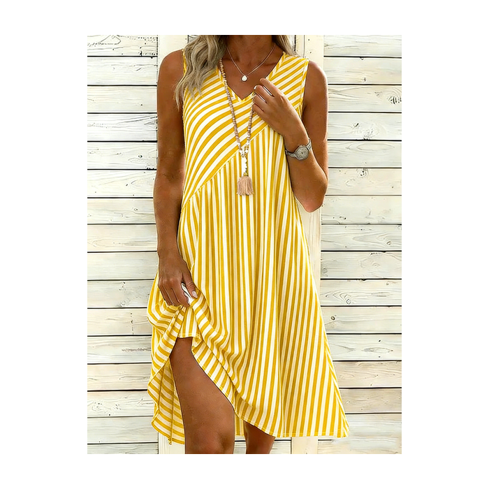 Women Striped Sleeveless V Neck Dress Daily Casual Midi Tank A-Line Summer Dress