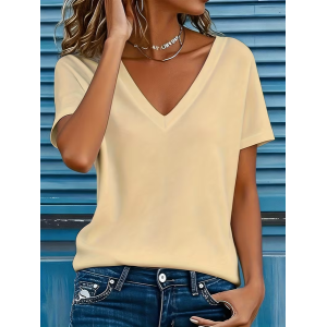 Women Plain Short Sleeve Tee T-shirt V Neck Printing Vintage Summer Top