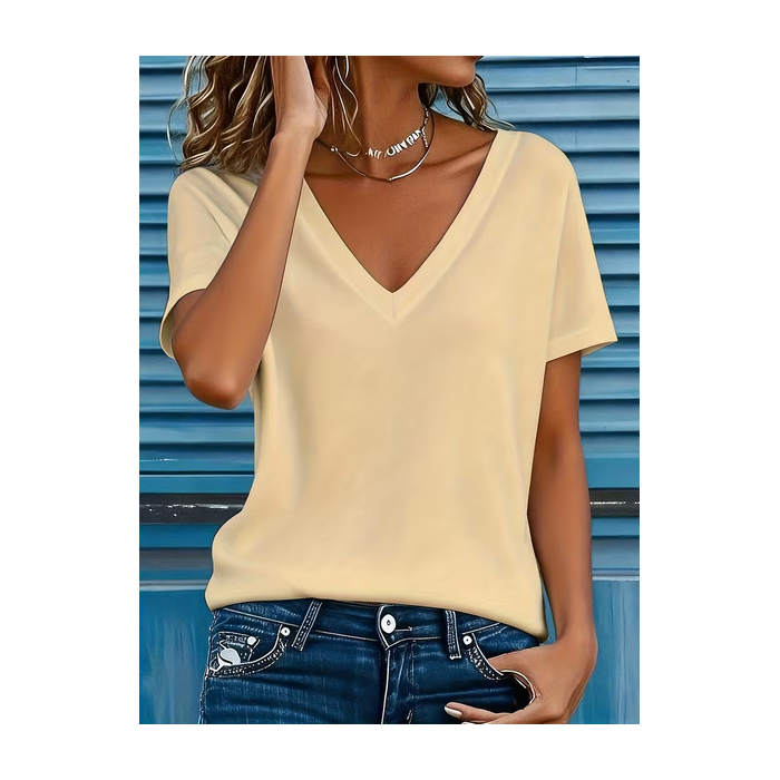 Women Plain Short Sleeve Tee T-shirt V Neck Printing Vintage Summer Top