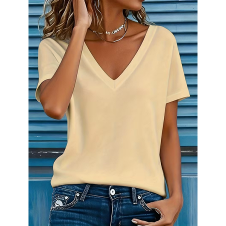 Women Plain Short Sleeve Tee T-shirt V Neck Printing Vintage Summer Top