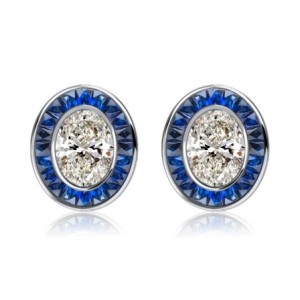 Italo Art Deco Oval Cut Blue Sapphire Stud Earrings For Women