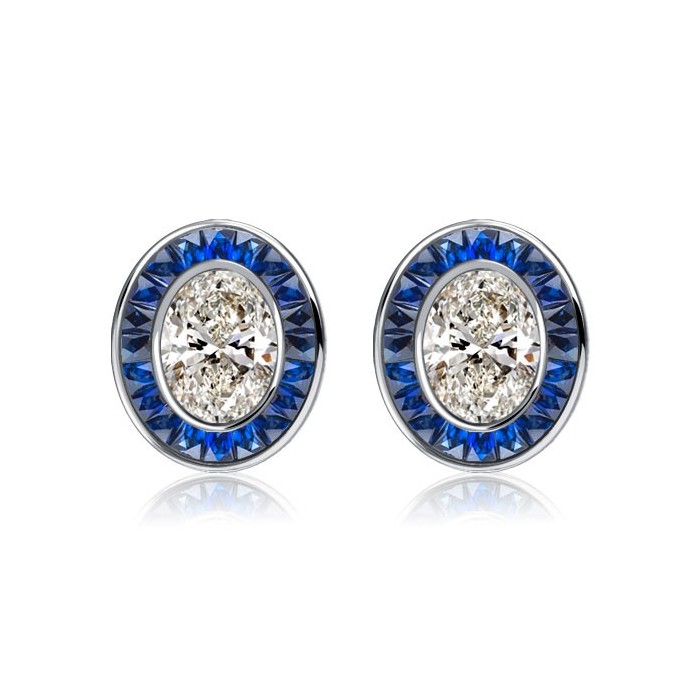 Italo Art Deco Oval Cut Blue Sapphire Stud Earrings For Women