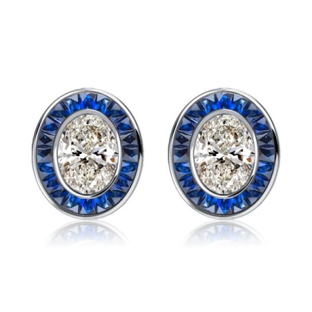 Italo Art Deco Oval Cut Blue Sapphire Stud Earrings For Women