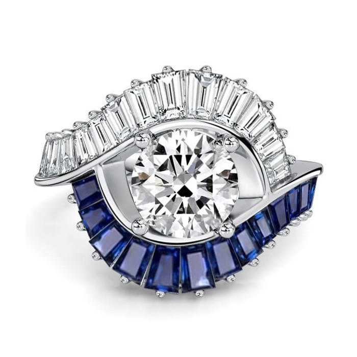 Italo Baguette Halo White & Blue Sapphire Unique Engagement Ring For Women