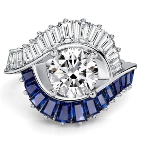 Italo Baguette Halo White & Blue Sapphire Unique Engagement Ring For Women