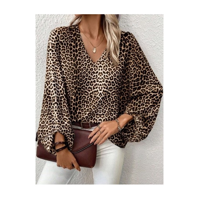 Women Leopard Half Sleeve Shirt Summer Printing V Neck Daily Casual Top