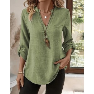 Women Plain Three Quarter Sleeve Shirt Spring/Fall Split Joint V Neck Daily Casual Top