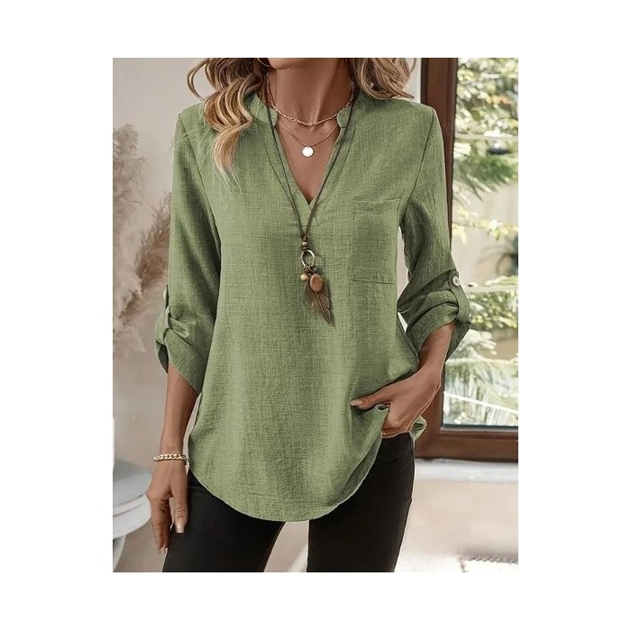 Women Plain Three Quarter Sleeve Shirt Spring/Fall Split Joint V Neck Daily Casual Top